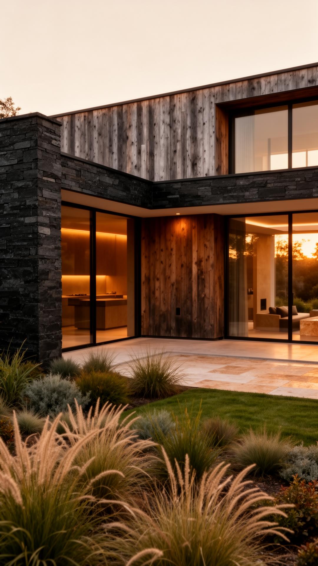 Modern home at dusk with cedar siding, native landscaping, and warm interior light